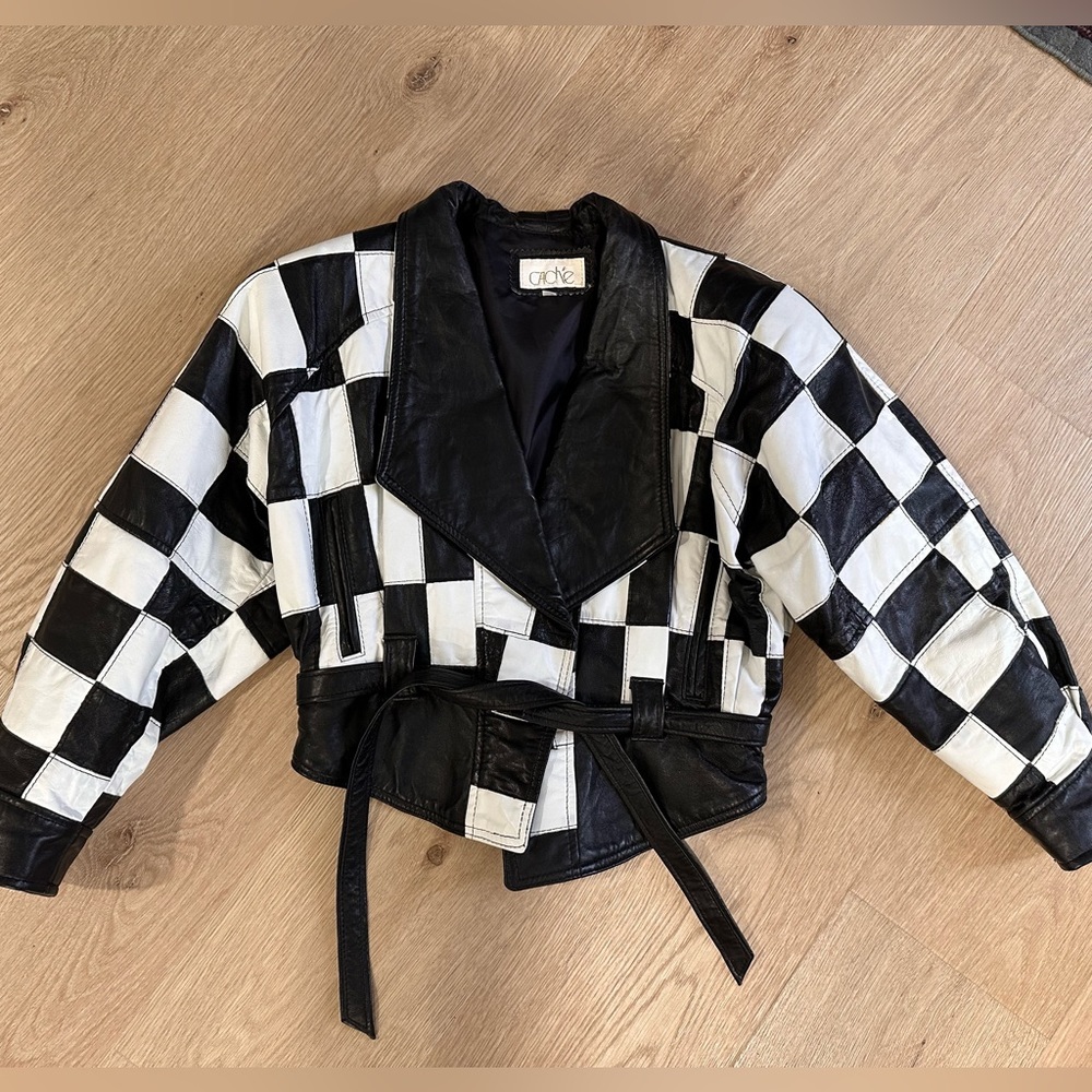 Vintage cache twins leather (genuine leather) checkered bomber jacket